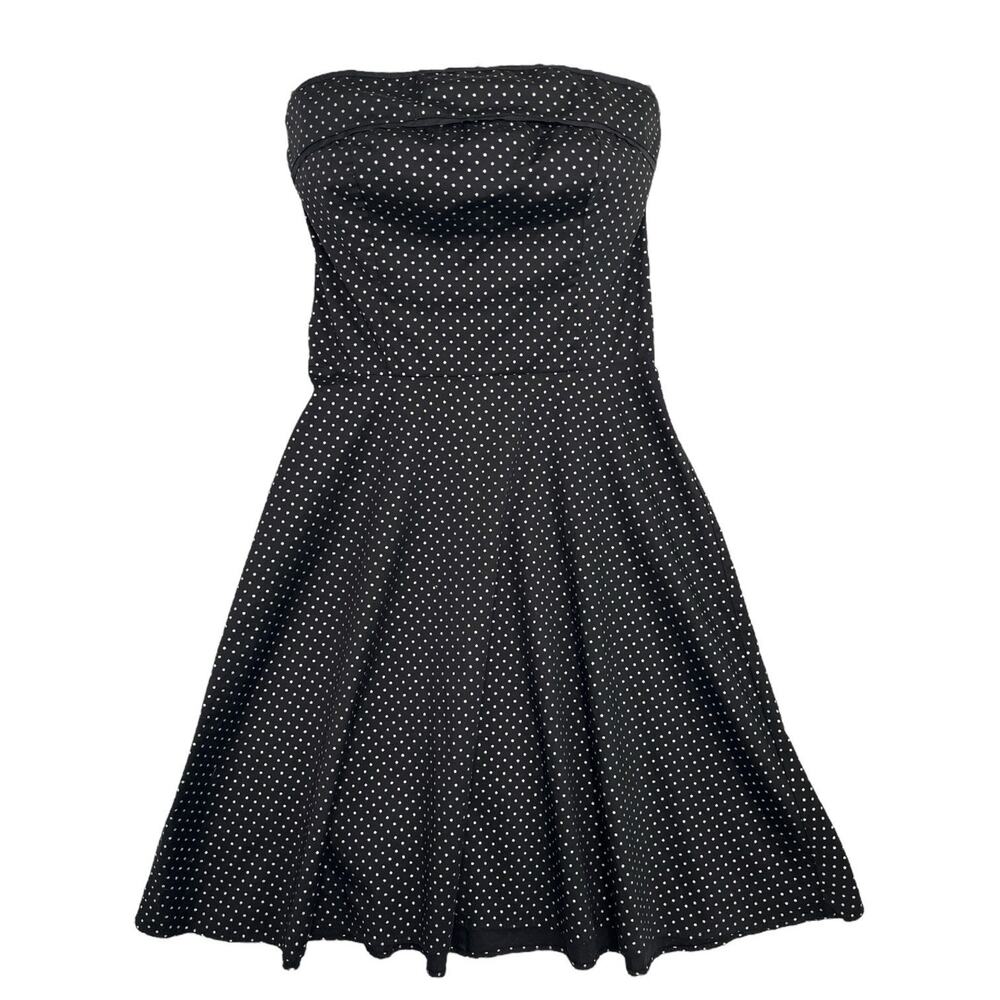 VTG Pinup Dress Womens Medium Black Polka Dot Black Fit Flare Strapless Retro